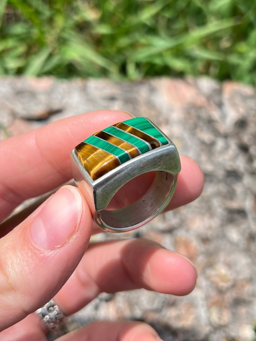 Heavy Sterling Silver Malachite & Tiger’s Eye Ring
